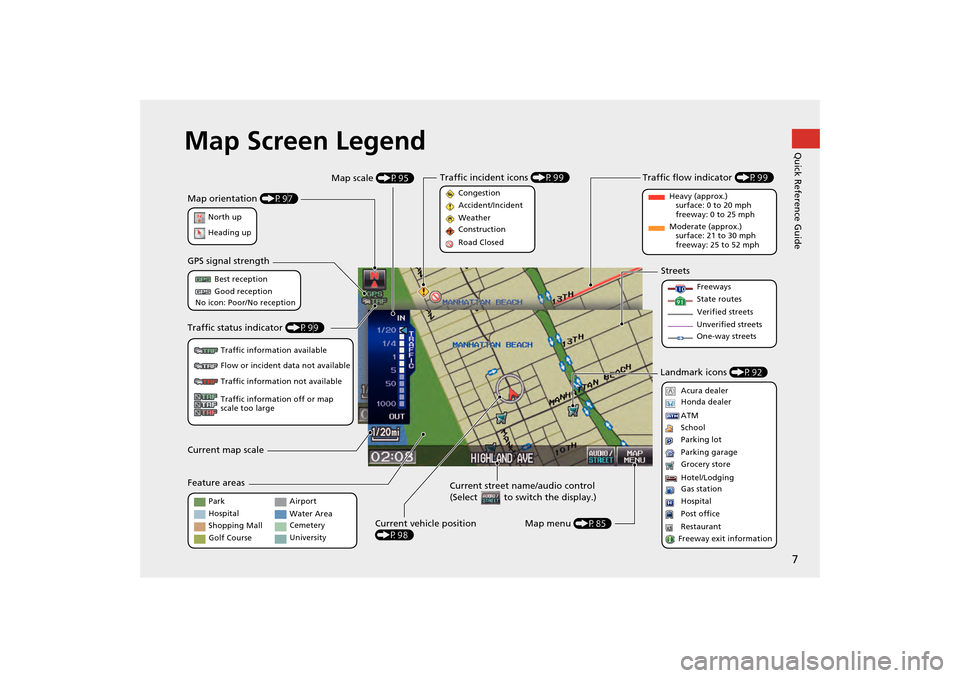 HONDA CR-Z 2014 1.G Navigation Manual 7Quick Reference Guide
Map Screen LegendMap orientation (P97)
GPS signal strength
North up
Heading up Best reception
Good reception
No icon: Poor/No reception
Traffic status indicator  (P99)
Traffic i