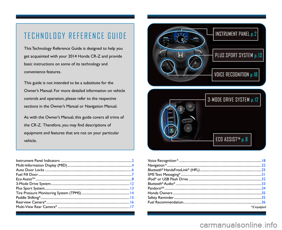 HONDA CR-Z 2014 1.G Technology Reference Guide Voice Recognition* ................................................................................................18
Navigation*.......................................................................