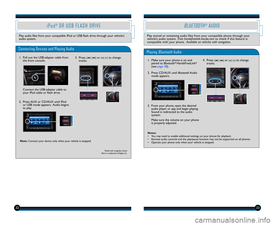 HONDA CR-Z 2014 1.G Technology Reference Guide 4. Press (9) (:) or (+) (�) to change
tracks.
Notes\f
• You may need to enable additional settings on your phone for playback.
• Remote audio controls and the play\fpause function may not be suppo