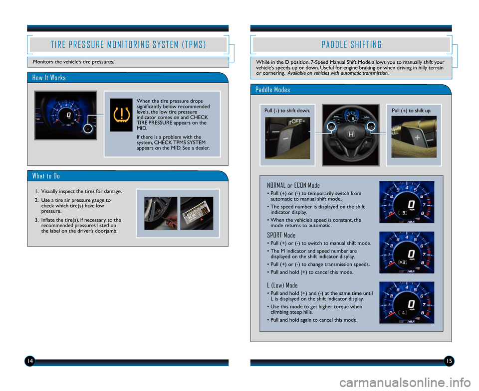 HONDA CR-Z 2014 1.G Technology Reference Guide 15
Paddle Modes
P A D D L E   S H I F T I N G
While in the D position, 7�Speed Manual Shift Mode allows you to manually shift your
vehicle’s speeds up or down. Useful for engine braking or when driv