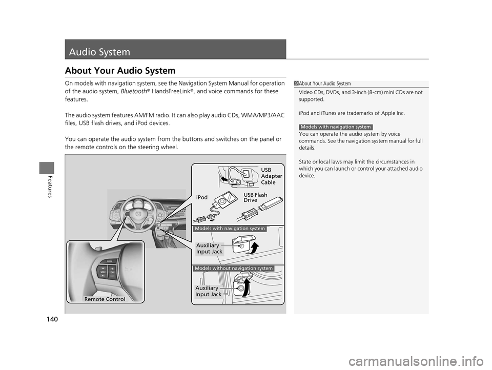 HONDA CR-Z 2015 1.G Owners Manual 140
Features
Audio System
About Your Audio System
On models with navigation system, see the Navigation System Manual for operation 
of the audio system,  Bluetooth® HandsFreeLink ®, and voice comman