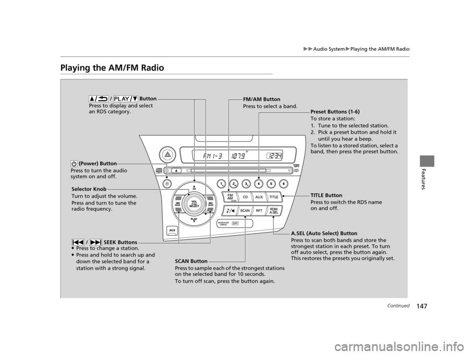 HONDA CR-Z 2015 1.G Owners Manual 147
uuAudio System uPlaying the AM/FM Radio
Continued
Features
Playing the AM/FM Radio
SCAN Button
Press to sample each of the strongest stations 
on the selected band for 10 seconds.
To turn off scan