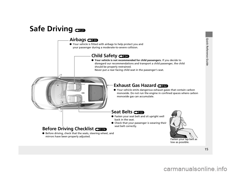 HONDA CR-Z 2015 1.G User Guide 15
Quick Reference Guide
Safe Driving (P27)
Airbags (P39)
● Your vehicle is fitted with ai rbags to help protect you and
your passenger during a moderate-to-severe collision.
Child Safety (P54)
● HONDA CR-Z 2015 1.G User Guide 15
Quick Reference Guide
Safe Driving (P27)
Airbags (P39)
● Your vehicle is fitted with ai rbags to help protect you and
your passenger during a moderate-to-severe collision.
Child Safety (P54)
●