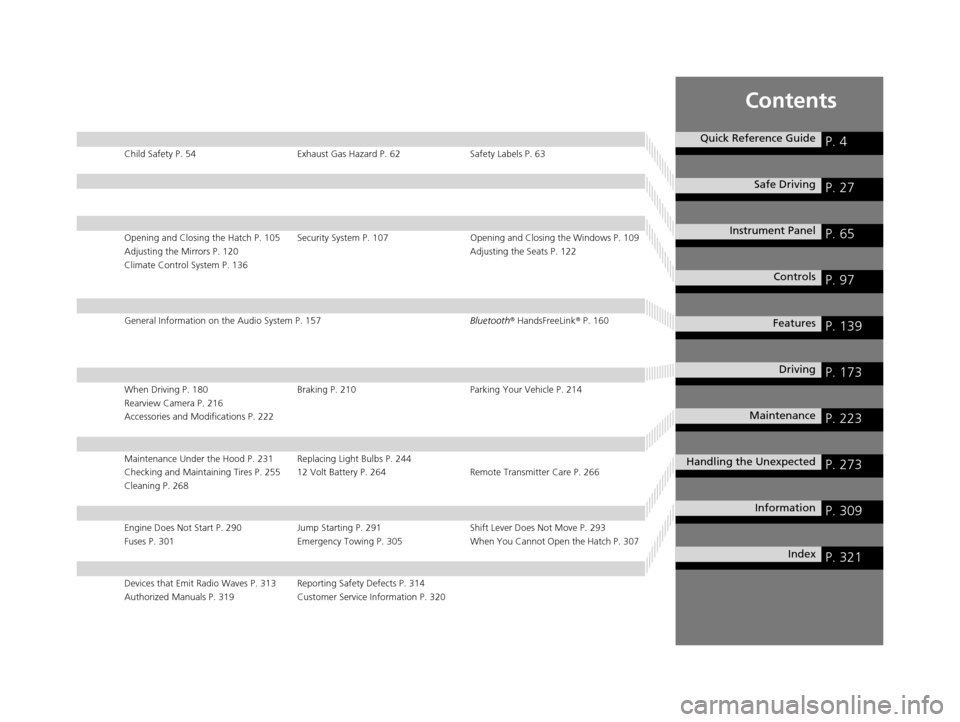 HONDA CR-Z 2015 1.G Owners Manual Contents
Child Safety P. 54Exhaust Gas Hazard P. 62Safety Labels P. 63
Opening and Closing the Hatch P. 105 Security System P. 107 Opening and Closing the Windows P. 109
Adjusting the Mirrors P. 120 A HONDA CR-Z 2015 1.G Owners Manual Contents
Child Safety P. 54Exhaust Gas Hazard P. 62Safety Labels P. 63
Opening and Closing the Hatch P. 105 Security System P. 107 Opening and Closing the Windows P. 109
Adjusting the Mirrors P. 120 A