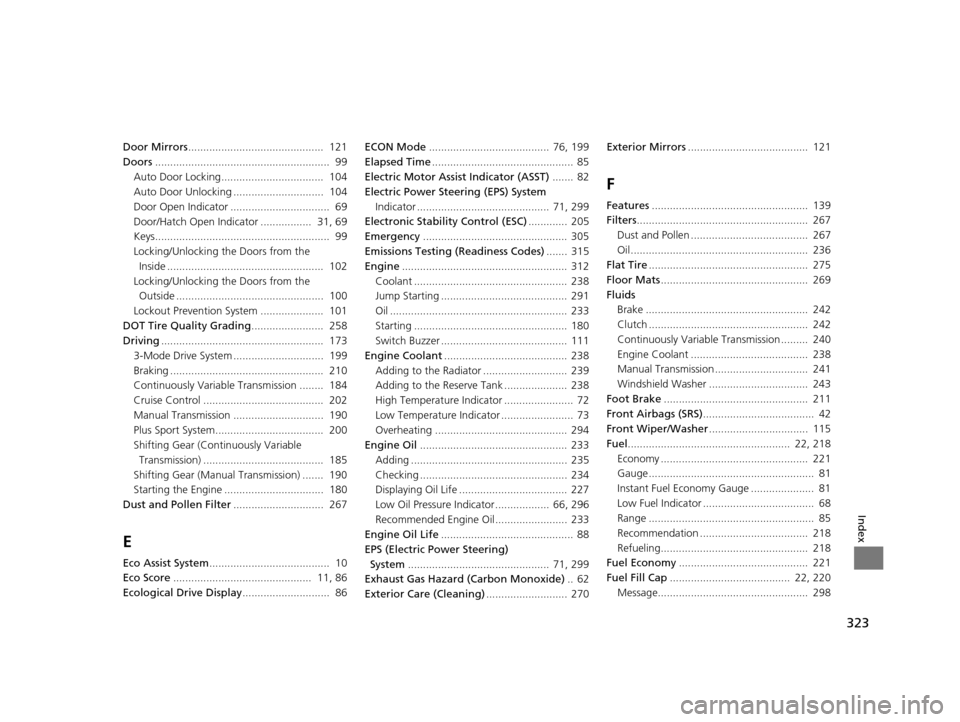 HONDA CR-Z 2015 1.G Owners Manual 323
Index
Door Mirrors.............................................  121
Doors ..........................................................  99
Auto Door Locking..................................  104
A