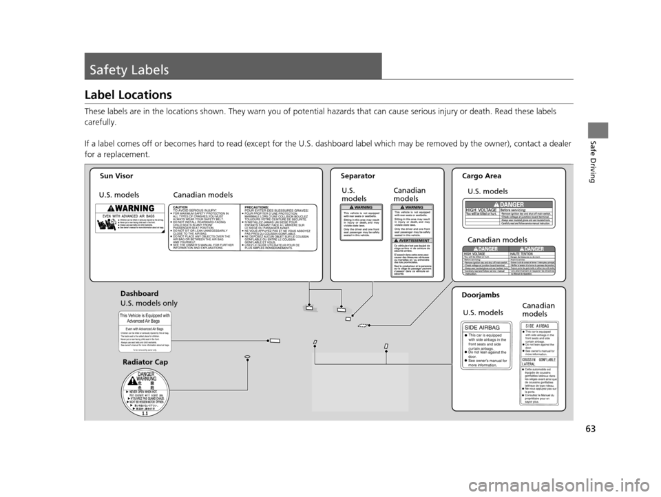 HONDA CR-Z 2015 1.G Repair Manual 63
Safe Driving
Safety Labels
Label Locations
These labels are in the locations shown. They warn you of potential hazards that  can cause serious injury or death. Read these labels 
carefully.
If a la