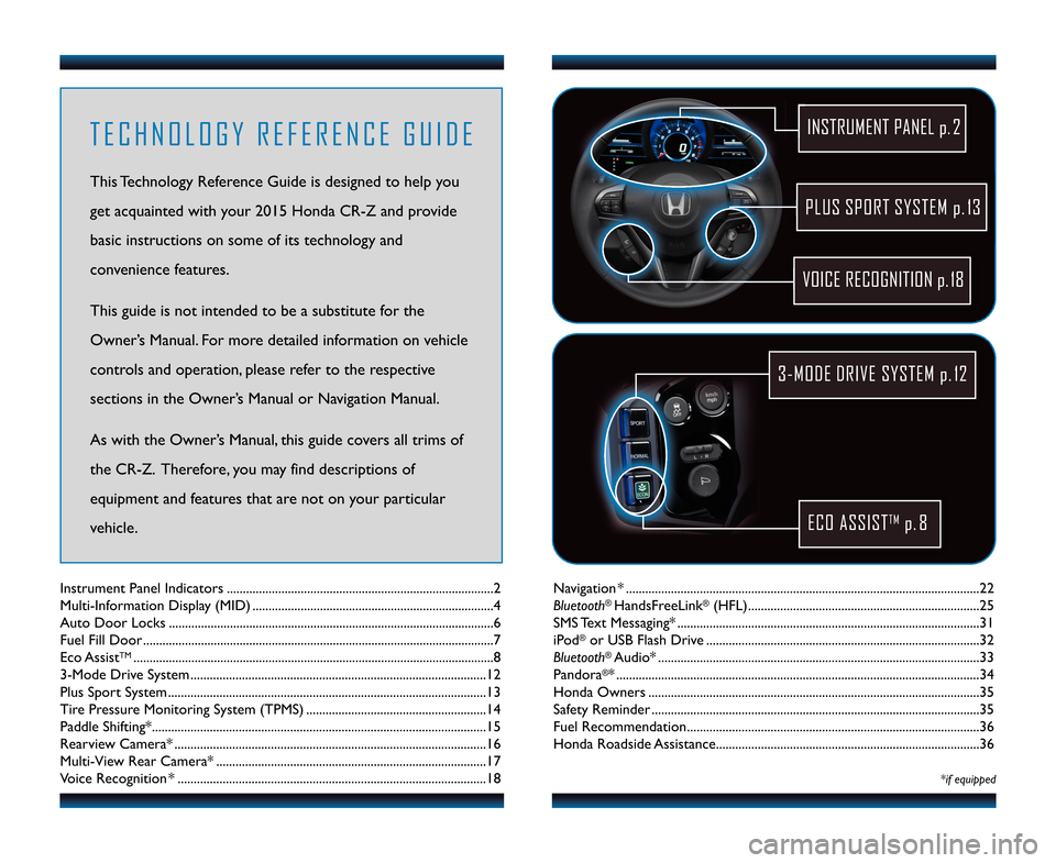 HONDA CR-Z 2015 1.G Technology Reference Guide Navigation*..............................................................................................................22
Bluetooth®HandsFreeLink®(HFL).............................................