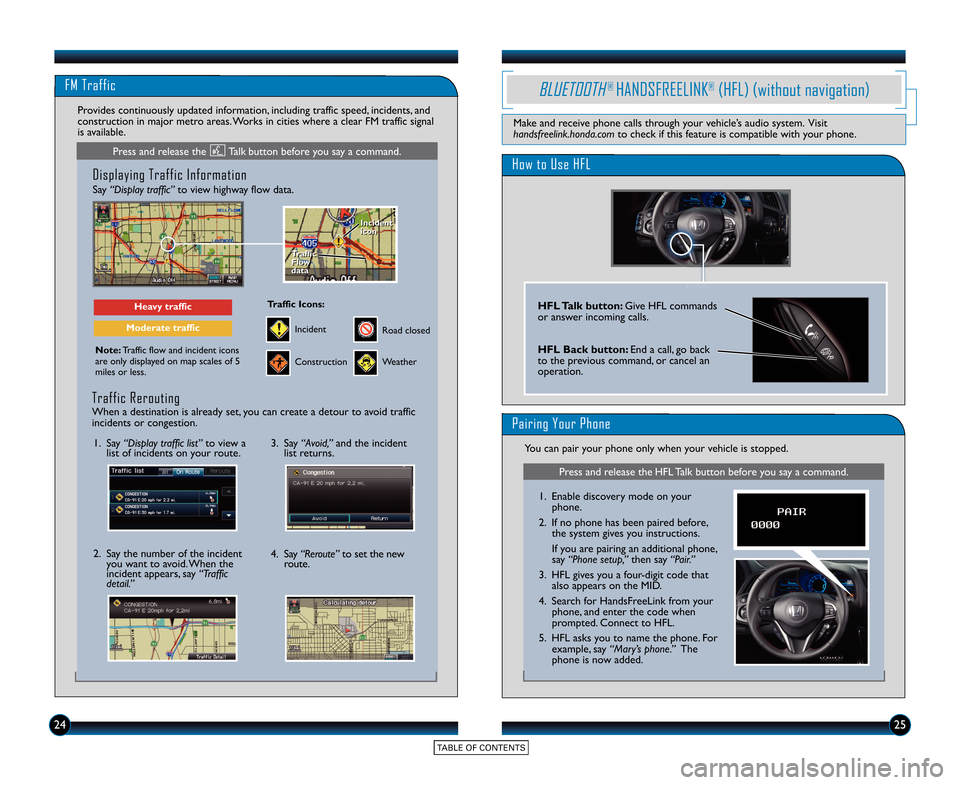 HONDA CR-Z 2015 1.G Technology Reference Guide FM Traffic
25
Displaying Traffic Information 
Say “Display traffic”to view highway flow data.
Note\fTraffic flow and incident icons
are only displayed on map scales of 5
miles or less.
Heavy traff