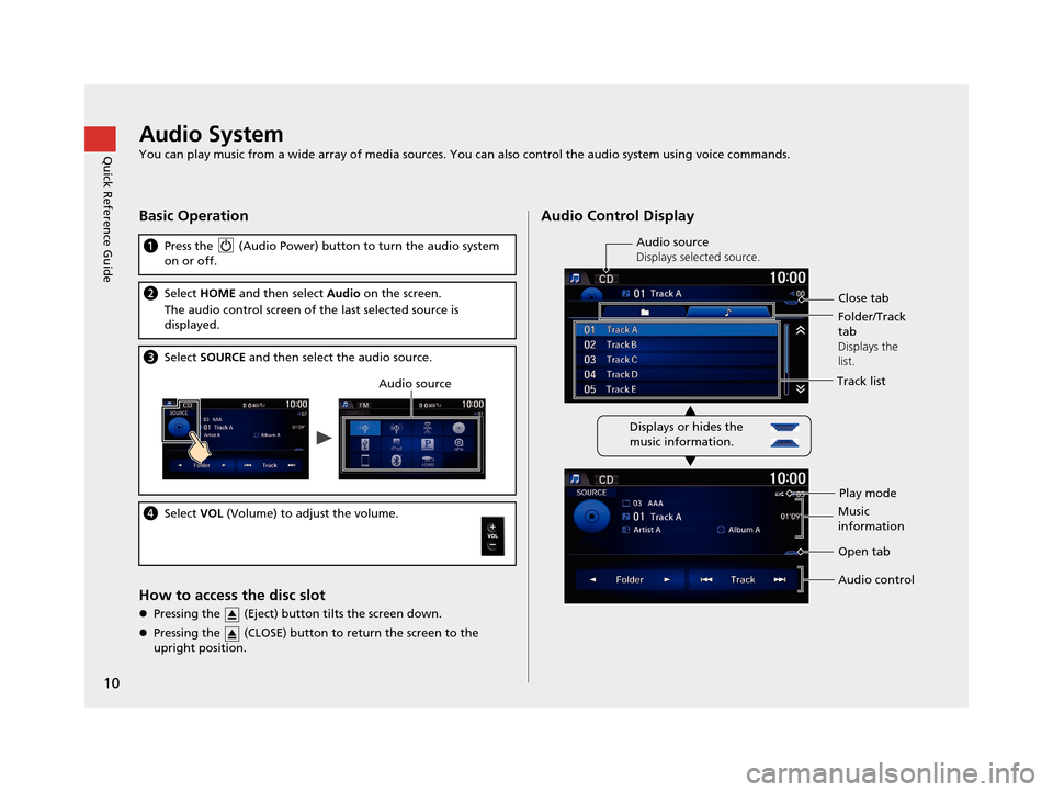 HONDA CR-Z 2016 1.G Navigation Manual 10
Quick Reference GuideAudio System
You can play music from a wide array of media sources. You can also control the audio system using voice commands.
Basic Operation
How to access the disc slot
P HONDA CR-Z 2016 1.G Navigation Manual 10
Quick Reference GuideAudio System
You can play music from a wide array of media sources. You can also control the audio system using voice commands.
Basic Operation
How to access the disc slot
P