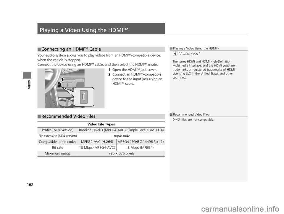 HONDA CR-Z 2016 1.G Navigation Manual 162
Audio
Playing a Video Using the HDMITM
Your audio system allows you to play videos from an HDMITM-compatible device
when the vehicle is stopped.
Connect the device using an HDMI
TM cable, and the HONDA CR-Z 2016 1.G Navigation Manual 162
Audio
Playing a Video Using the HDMITM
Your audio system allows you to play videos from an HDMITM-compatible device
when the vehicle is stopped.
Connect the device using an HDMI
TM cable, and the