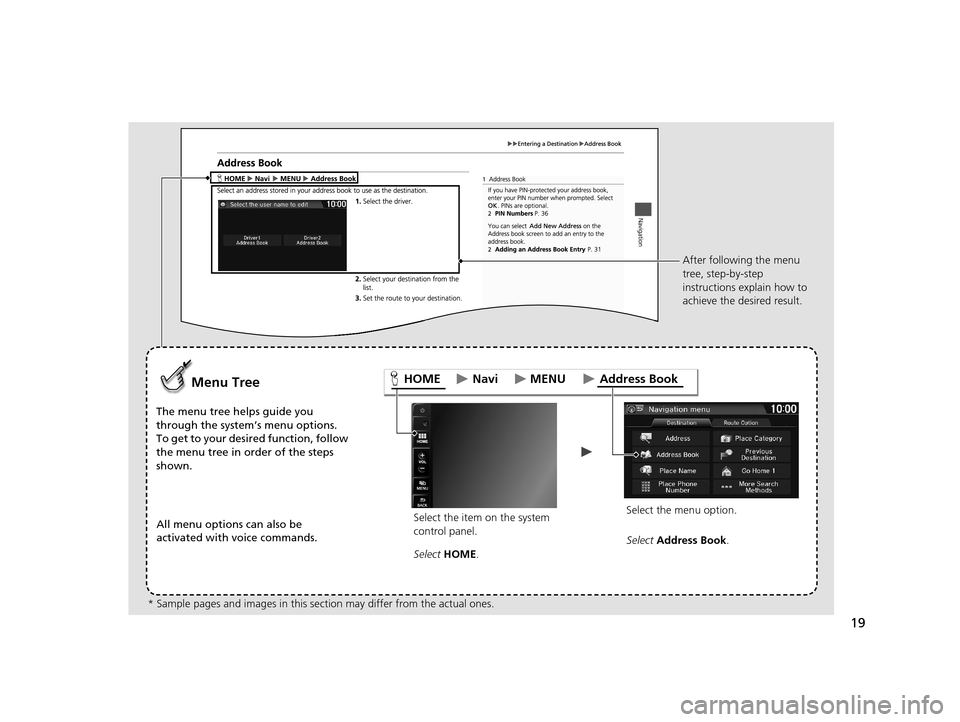 HONDA CR-Z 2016 1.G Navigation Manual 19
Select the item on the system
control panel.
Menu Tree
The menu tree helps guide you
through the system’s menu options.
To get to your desired function, follow
the menu tree in order of the st HONDA CR-Z 2016 1.G Navigation Manual 19
Select the item on the system
control panel.
Menu Tree
The menu tree helps guide you
through the system’s menu options.
To get to your desired function, follow
the menu tree in order of the st