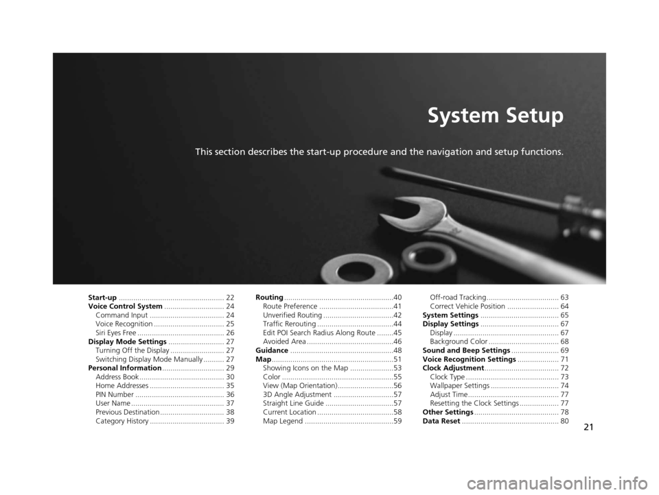 HONDA CR-Z 2016 1.G Navigation Manual 21
System Setup
This section describes the start-up procedure and the navigation and setup functions.
Start-up................................................... 22
Voice Control System .............. HONDA CR-Z 2016 1.G Navigation Manual 21
System Setup
This section describes the start-up procedure and the navigation and setup functions.
Start-up................................................... 22
Voice Control System ..............