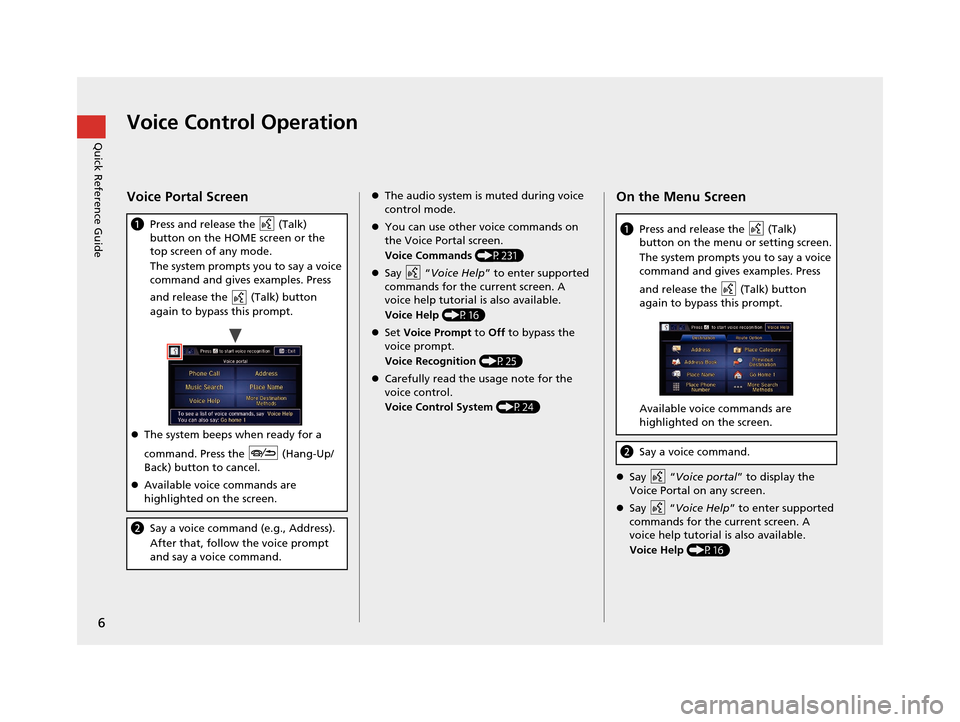 HONDA CR-Z 2016 1.G Navigation Manual 6
Quick Reference GuideVoice Control Operation
Voice Portal Screen
aPress and release the   (Talk) 
button on the HOME screen or the 
top screen of any mode.
The system prompts you to say a voice 
com