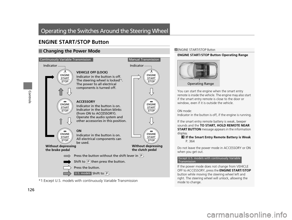 HONDA CR-Z 2016 1.G Owners Manual 126
Controls
Operating the Switches Around the Steering Wheel
ENGINE START/STOP Button
*1:Except U.S. models with continuously Variable Transmission
■Changing the Power Mode1ENGINE START/STOP  Butto