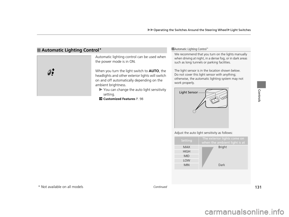 HONDA CR-Z 2016 1.G Owners Manual Continued131
uuOperating the Switches Around the Steering Wheel uLight Switches
Controls
Automatic lighting control can be used when 
the power mode is in ON.
When you turn the  light switch to AUTO, 