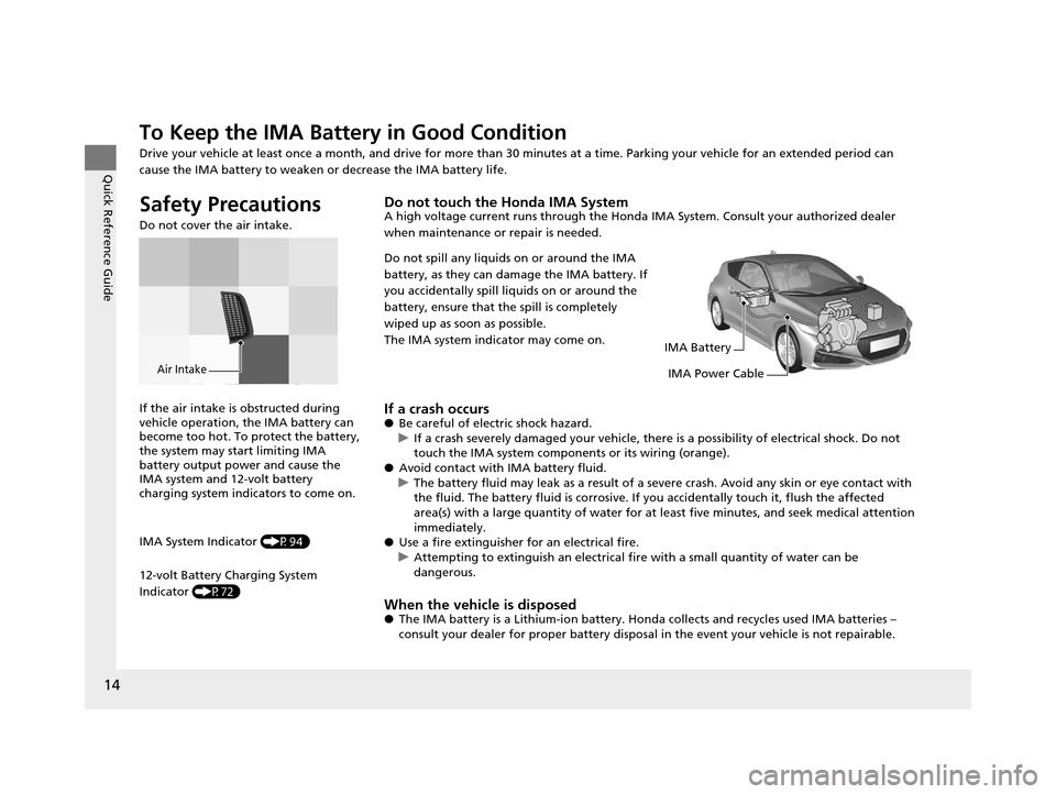 HONDA CR-Z 2016 1.G User Guide 14
Quick Reference Guide
To Keep the IMA Battery in Good Condition 
Drive your vehicle at least once a month, a nd drive for more than 30 minutes at a time. Parking your vehicle for an extended period