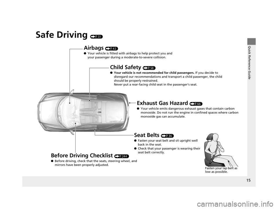 HONDA CR-Z 2016 1.G Owners Manual 15
Quick Reference Guide
Safe Driving (P31)
Airbags (P43)
● Your vehicle is fitted with ai rbags to help protect you and 
your passenger during a moderate-to-severe collision.
Child Safety (P58)
●