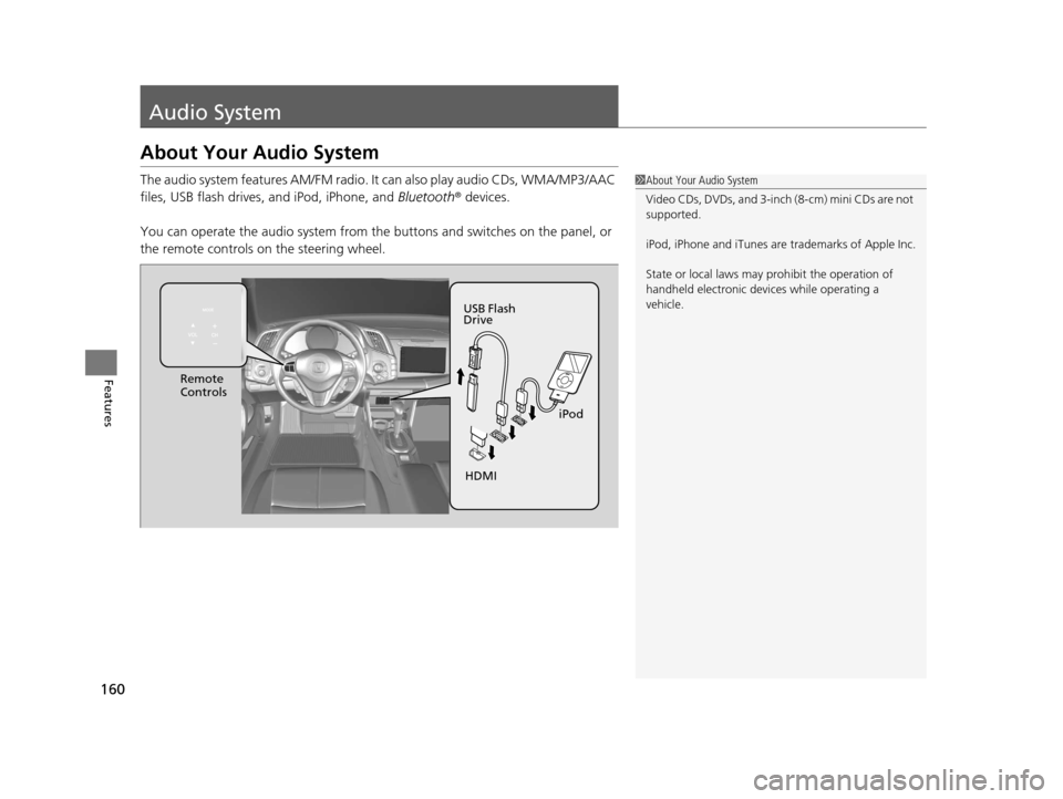 HONDA CR-Z 2016 1.G Owners Manual 160
Features
Audio System
About Your Audio System
The audio system features AM/FM radio. It can also play audio CDs, WMA/MP3/AAC 
files, USB flash drives, and iPod, iPhone, and  Bluetooth® devices.
Y