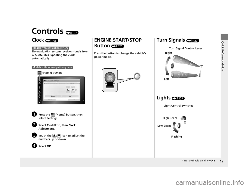 HONDA CR-Z 2016 1.G User Guide 17
Quick Reference Guide
Controls (P107)
Clock (P108)
The navigation system receives signals from 
GPS satellites, updating the clock 
automatically.
aPress the   (Home) button, then 
select  Settings