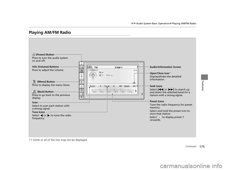 HONDA CR-Z 2016 1.G Owners Manual 175
uuAudio System Basic Operation uPlaying AM/FM Radio
Continued
Features
Playing AM/FM Radio
*1:Some or all of the lists may not be displayed.
VOL (Volume) Buttons
Press to adjust the volume.
(Back HONDA CR-Z 2016 1.G Owners Manual 175
uuAudio System Basic Operation uPlaying AM/FM Radio
Continued
Features
Playing AM/FM Radio
*1:Some or all of the lists may not be displayed.
VOL (Volume) Buttons
Press to adjust the volume.
(Back