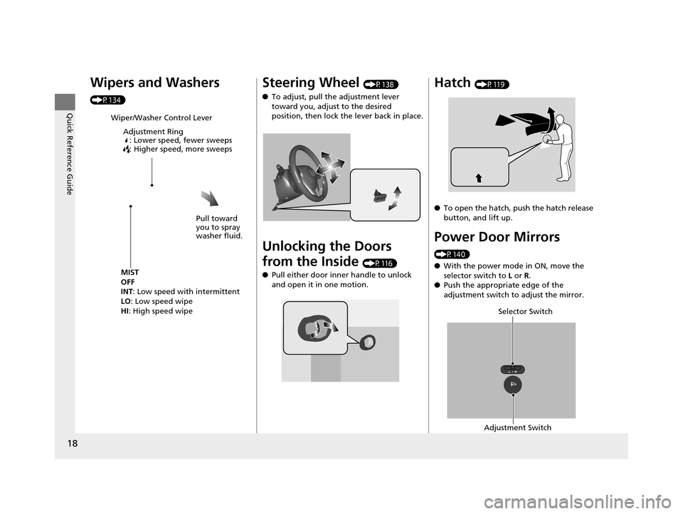 HONDA CR-Z 2016 1.G Owners Manual 18
Quick Reference Guide
Wipers and Washers 
(P134)
Wiper/Washer Control LeverAdjustment Ring: Lower speed, fewer sweeps
: Higher speed, more sweeps
MIST
OFF
INT : Low speed with intermittent
LO : Low