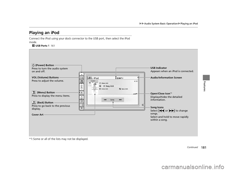 HONDA CR-Z 2016 1.G Owners Manual 181
uuAudio System Basic Operation uPlaying an iPod
Continued
Features
Playing an iPod
Connect the iPod using your dock connector to the USB port, then select the iPod
mode.
2 USB Ports P. 161
*1:Som HONDA CR-Z 2016 1.G Owners Manual 181
uuAudio System Basic Operation uPlaying an iPod
Continued
Features
Playing an iPod
Connect the iPod using your dock connector to the USB port, then select the iPod
mode.
2 USB Ports P. 161
*1:Som