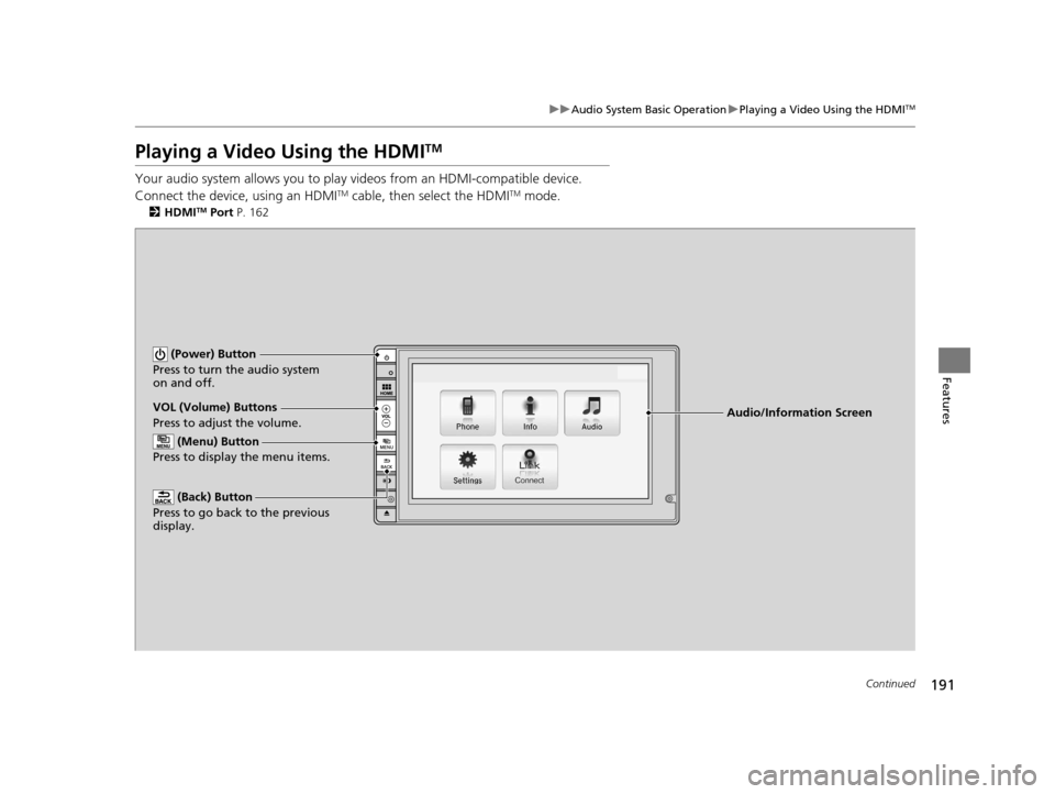 HONDA CR-Z 2016 1.G Owners Manual 191
uuAudio System Basic Operation uPlaying a Video Using the HDMITM
Continued
Features
Playing a Video Using the HDMITM
Your audio system allows you to play videos from an HDMI-compatible device.
Con HONDA CR-Z 2016 1.G Owners Manual 191
uuAudio System Basic Operation uPlaying a Video Using the HDMITM
Continued
Features
Playing a Video Using the HDMITM
Your audio system allows you to play videos from an HDMI-compatible device.
Con
