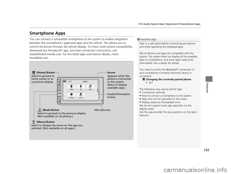 HONDA CR-Z 2016 1.G Owners Manual 193
uuAudio System Basic Operation uSmartphone Apps
Features
Smartphone Apps
You can connect a compatible smartphone  to the system to enable integration 
between the smartphone’s appr oved apps and