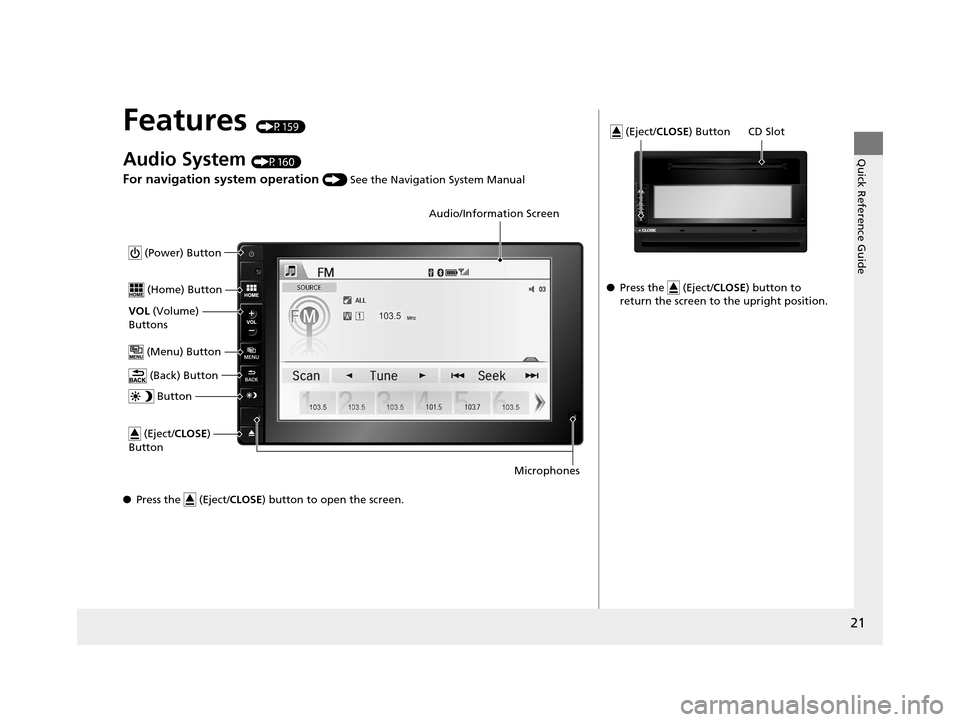 HONDA CR-Z 2016 1.G Owners Manual 21
Quick Reference Guide
Features (P159)
Audio System (P160)
For navigation system operation () See the Navigation System Manual
● Press the   (Eject/ CLOSE) button to open the screen.
 (Power) Butt