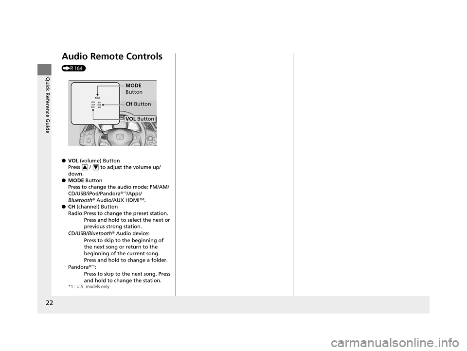 HONDA CR-Z 2016 1.G Owners Manual 22
Quick Reference Guide
Audio Remote Controls 
(P164)
●VOL  (volume) Button
Press   /   to adjust the volume up/
down.
● MODE Button
Press to change the audio mode: FM/AM/
CD/USB/iPod/Pandora®
*
