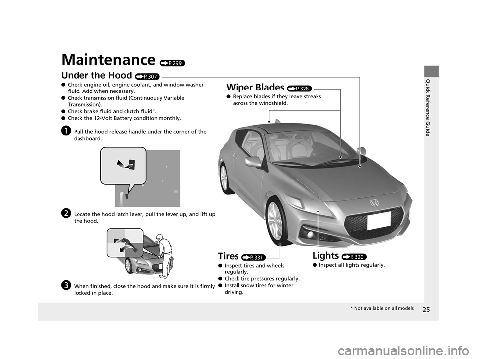 HONDA CR-Z 2016 1.G Owners Manual 25
Quick Reference Guide
Maintenance (P299)
Under the Hood (P307)
● Check engine oil, engine coolant, and window washer
fluid. Add when necessary.
● Check transmission fluid (Continuously Variabl HONDA CR-Z 2016 1.G Owners Manual 25
Quick Reference Guide
Maintenance (P299)
Under the Hood (P307)
● Check engine oil, engine coolant, and window washer
fluid. Add when necessary.
● Check transmission fluid (Continuously Variabl
