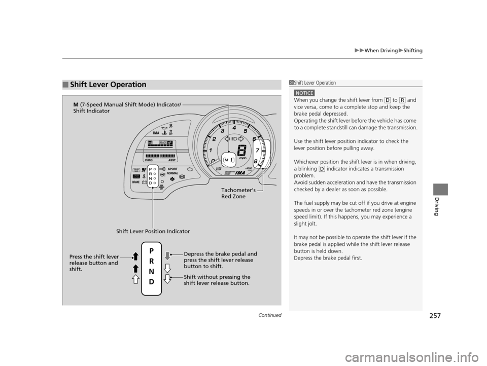 HONDA CR-Z 2016 1.G Owners Manual Continued257
uuWhen Driving uShifting
Driving
■Shift Lever Operation1Shift Lever Operation
NOTICE
When you change the shift lever from (D to ( R and
vice versa, come to a complete stop and keep the HONDA CR-Z 2016 1.G Owners Manual Continued257
uuWhen Driving uShifting
Driving
■Shift Lever Operation1Shift Lever Operation
NOTICE
When you change the shift lever from (D to ( R and
vice versa, come to a complete stop and keep the