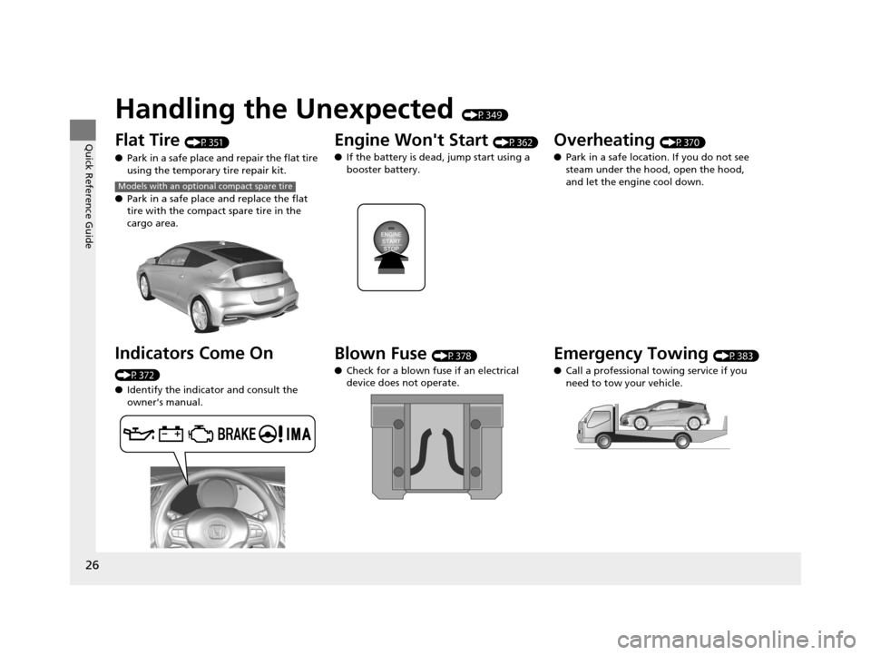 HONDA CR-Z 2016 1.G Owners Manual 26
Quick Reference Guide
Handling the Unexpected (P349)
Flat Tire (P351)
● Park in a safe place and repair the flat tire
using the temporary tire repair kit.
● Park in a safe place and replace th HONDA CR-Z 2016 1.G Owners Manual 26
Quick Reference Guide
Handling the Unexpected (P349)
Flat Tire (P351)
● Park in a safe place and repair the flat tire
using the temporary tire repair kit.
● Park in a safe place and replace th