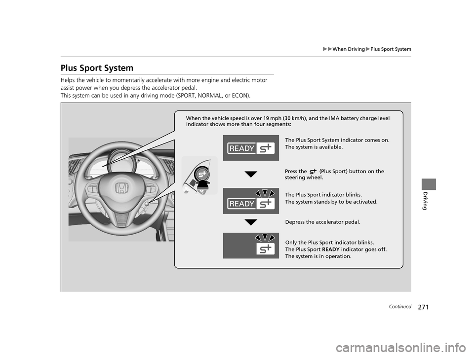 HONDA CR-Z 2016 1.G Owners Guide 271
uuWhen Driving uPlus Sport System
Continued
Driving
Plus Sport System
Helps the vehicle to momentarily accelerate with more engine and electric motor 
assist power when you depress the accelerator