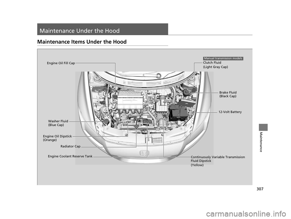 HONDA CR-Z 2016 1.G Owners Manual 307
Maintenance
Maintenance Under the Hood
Maintenance Items Under the Hood
Brake Fluid 
(Black Cap)
Clutch Fluid
(Light Gray Cap)
Manual transmission models
Washer Fluid 
(Blue Cap)
Engine Oil Dipsti