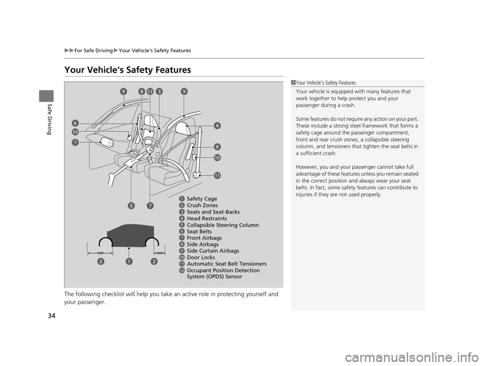 HONDA CR-Z 2016 1.G Owners Manual 34
uuFor Safe Driving uYour Vehicles Safety Features
Safe Driving
Your Vehicles Safety Features
The following checklist will help you take an active role  in protecting yourself and 
your passenger.