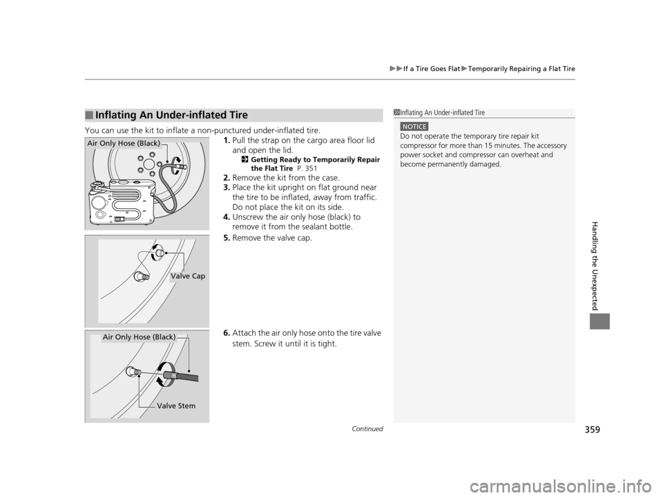 HONDA CR-Z 2016 1.G Owners Manual Continued359
uuIf a Tire Goes Flat uTemporarily Repairing a Flat Tire
Handling the Unexpected
You can use the kit to inflate a non-punctured under-inflated tire.
1.Pull the strap on the cargo area flo HONDA CR-Z 2016 1.G Owners Manual Continued359
uuIf a Tire Goes Flat uTemporarily Repairing a Flat Tire
Handling the Unexpected
You can use the kit to inflate a non-punctured under-inflated tire.
1.Pull the strap on the cargo area flo