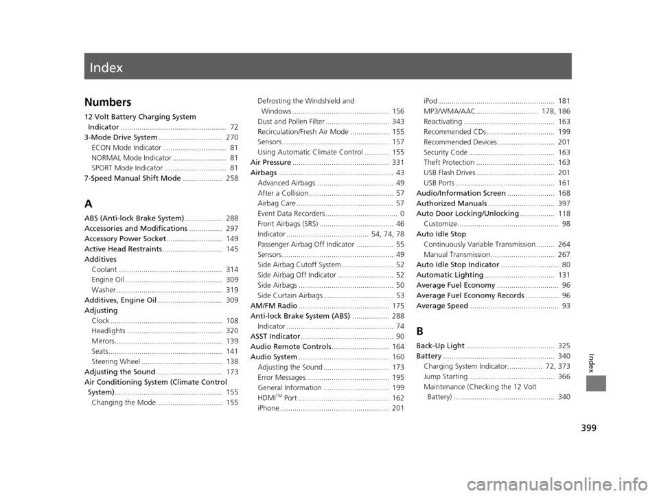 HONDA CR-Z 2016 1.G Owners Manual Index
399
Index
Index
Numbers
12 Volt Battery Charging System Indicator ...................................................  72
3-Mode Drive System ...............................  270
ECON Mode Indic