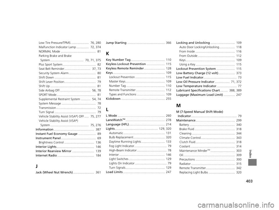 HONDA CR-Z 2016 1.G Workshop Manual 403
Index
Low Tire Pressure/TPMS ....................  76, 280
Malfunction Indicator Lamp ..............  72, 374
NORMAL Mode ........................................  81
Parking Brake and Brake Syste