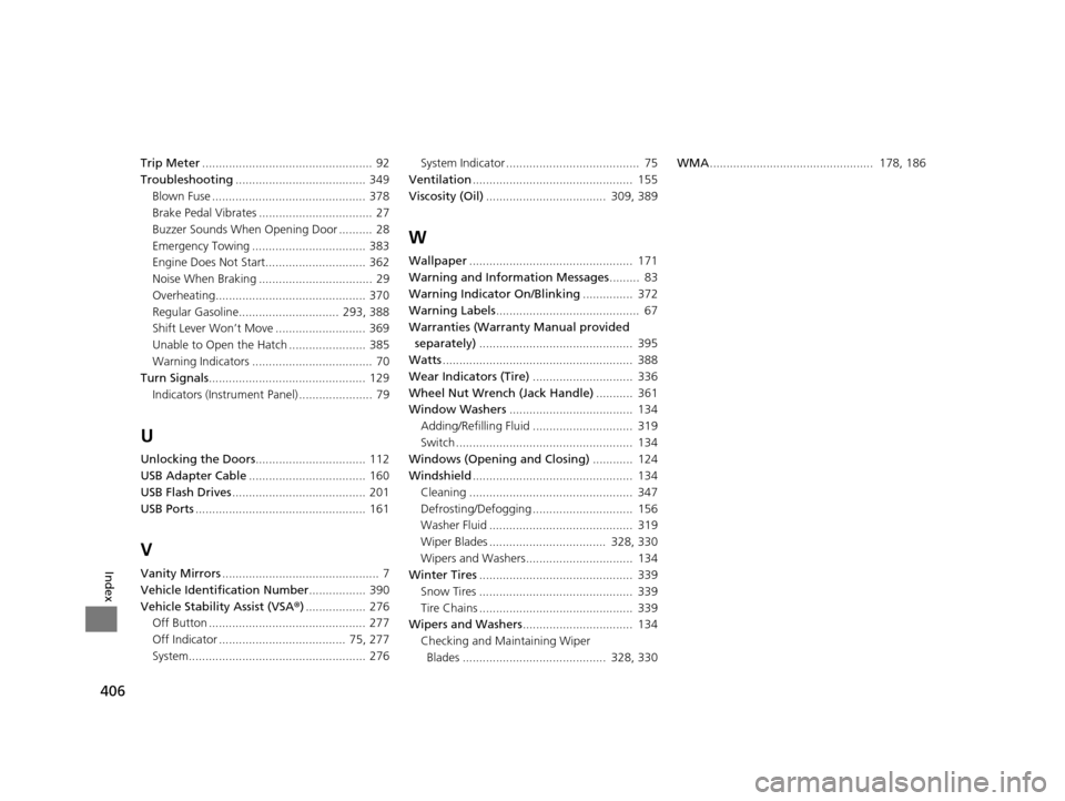 HONDA CR-Z 2016 1.G Owners Manual 406
Index
Trip Meter...................................................  92
Troubleshooting ....................................... 349
Blown Fuse ..............................................  378
B