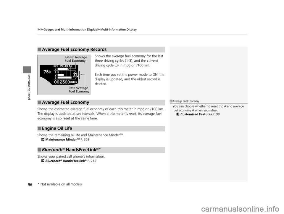 HONDA CR-Z 2016 1.G Owners Manual uuGauges and Multi-Information Display uMulti-Information Display
96
Instrument Panel
Shows the average fuel economy for the last 
three driving cycles (1-3), and the current 
driving cycle (0) in mpg