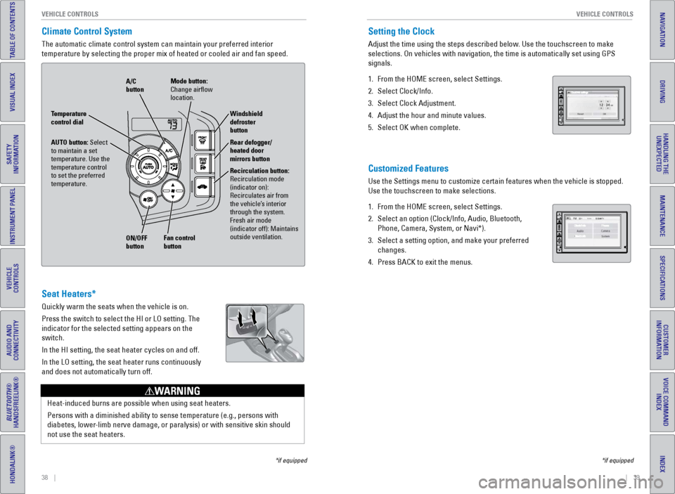 HONDA CR-Z 2016 1.G Quick Guide 38    ||    39
       V EHICLE  C ONTROLS
V
EHICLE  C ONTROLS
TABLE OF CONTENTS
INDEX
VISUAL INDEX
VOICE COMMAND 
INDEX
SAFETY 
INFORMATION
CUSTOMER
INFORMATION
INSTRUMENT PANEL
SPECIFICATIONS
VEHICLE