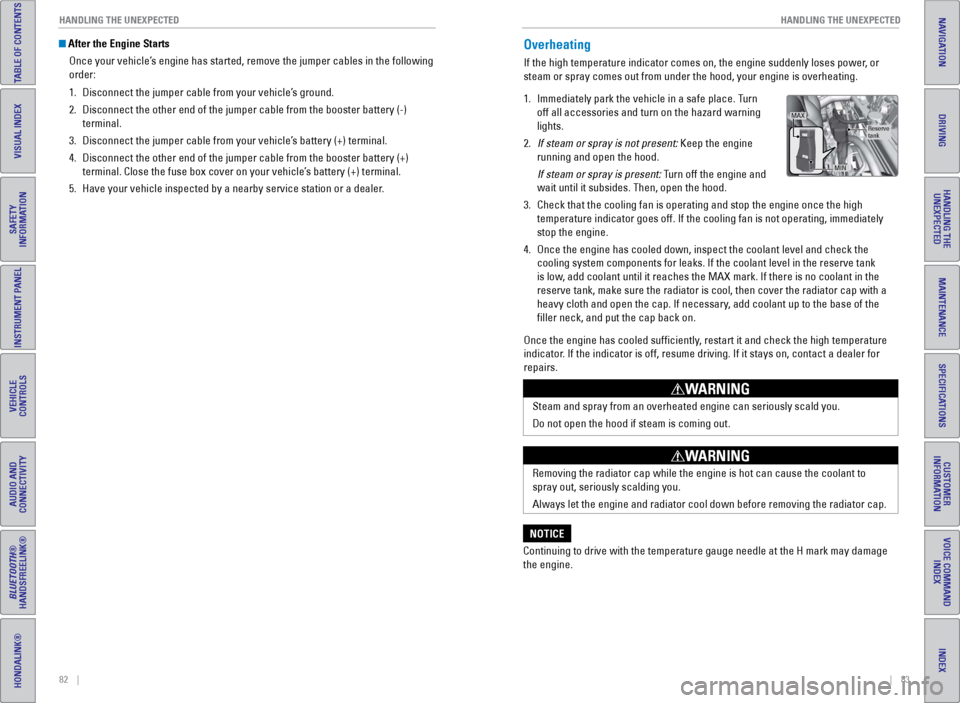 HONDA CR-Z 2016 1.G Quick Guide 82    ||    83
       HANDLING THE UNEXPECTED
HANDLING THE UNEXPECTED
TABLE OF CONTENTS
INDEX
VISUAL INDEX
VOICE COMMAND 
INDEX
SAFETY 
INFORMATION
CUSTOMER
INFORMATION
INSTRUMENT PANEL
SPECIFICATIONS