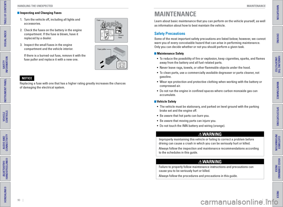 HONDA CR-Z 2016 1.G Quick Guide 90 || 91
MAINTENANCE
HANDLING THE UNEXPECTED
TABLE OF CONTENTS
INDEX
VISUAL INDEX
VOICE COMMAND
INDEX
SAFETY
INFORMATION
CUSTOMER
INFORMATION
INSTRUMENT PANEL
SPECIFICATIONS
VEHICLE
CO HONDA CR-Z 2016 1.G Quick Guide 90 || 91
MAINTENANCE
HANDLING THE UNEXPECTED
TABLE OF CONTENTS
INDEX
VISUAL INDEX
VOICE COMMAND
INDEX
SAFETY
INFORMATION
CUSTOMER
INFORMATION
INSTRUMENT PANEL
SPECIFICATIONS
VEHICLE
CO