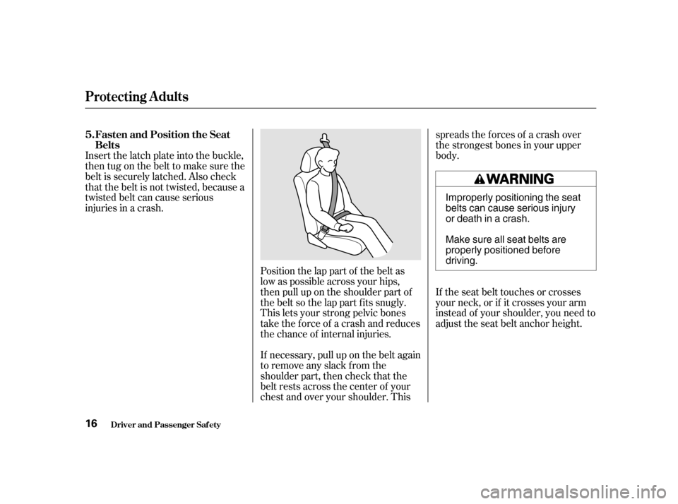 HONDA CIVIC 2001 7.G User Guide If necessary, pull up on the belt again
to remove any slack from the
shoulder part, then check that the
belt rests across the center of your
chest and over your shoulder. Thisspreads the f orces of a HONDA CIVIC 2001 7.G User Guide If necessary, pull up on the belt again
to remove any slack from the
shoulder part, then check that the
belt rests across the center of your
chest and over your shoulder. Thisspreads the f orces of a