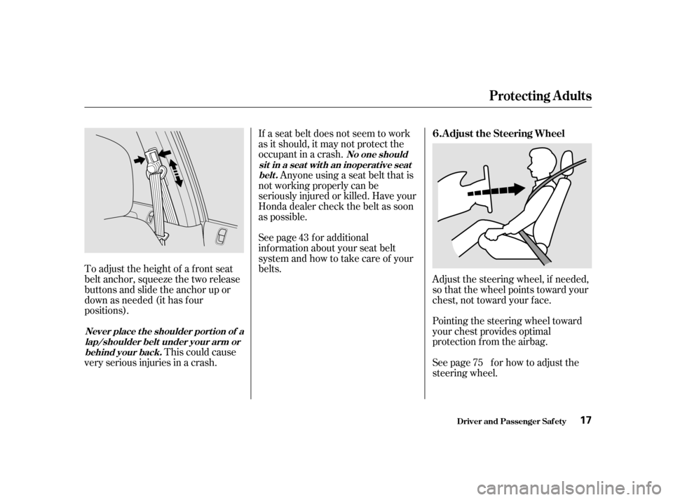 HONDA CIVIC 2001 7.G User Guide Adjust the steering wheel, if needed,
so that the wheel points toward your
chest, not toward your f ace.
Pointing the steering wheel toward
your chest provides optimal
protection f rom the airbag. HONDA CIVIC 2001 7.G User Guide Adjust the steering wheel, if needed,
so that the wheel points toward your
chest, not toward your f ace.
Pointing the steering wheel toward
your chest provides optimal
protection f rom the airbag.