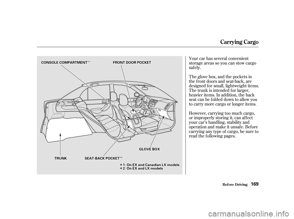HONDA CIVIC 2001 7.G Owners Manual ÎÎÎÎ
ÎÎ
ÎÎYour car has several convenient 
storage areas so you can stow cargo
saf ely. 
However, carrying too much cargo, 
or improperly storing it, can af f ect
your car’s handling
