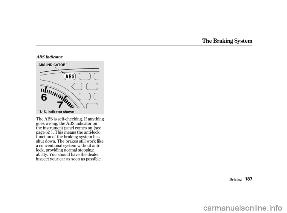 HONDA CIVIC 2001 7.G Owners Manual ÎÎ
ÎÎ
The ABS is self -checking. If anything 
goes wrong, the ABS indicator on
the instrument panel comes on (see
page ). This means the anti-lock
f unction of the braking system has
shut down