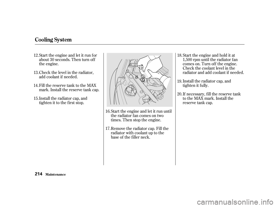 HONDA CIVIC 2001 7.G Owners Manual Start the engine and hold it at 
1,500 rpm until the radiator f an
comes on. Turn of f the engine.
Check the coolant level in the
radiator and add coolant if needed. 
Install the radiator cap, and 
ti