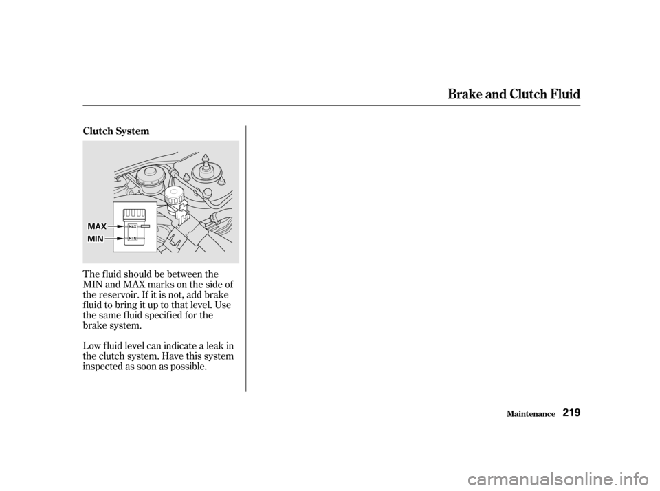 HONDA CIVIC 2001 7.G Owners Manual The f luid should be between the 
MIN and MAX marks on the side of
the reservoir. If it is not, add brake
f luid to bring it up to that level. Use
the same f luid specif ied f or the
brake system. 
Lo